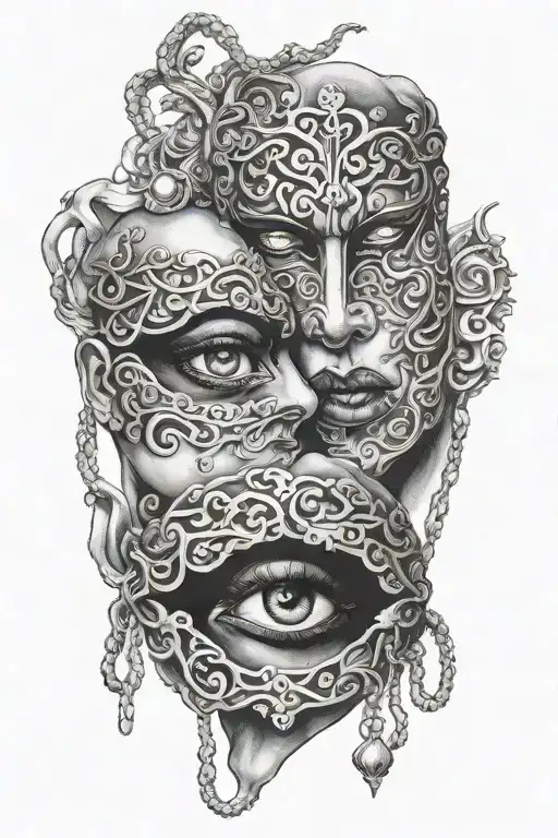 Two theatrical masks, one kind and the other evil, a realistic eye contour chain tattoo design idea