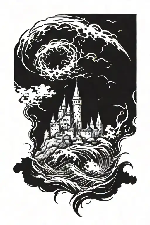  a castle in ruins, in a dark sea waves tattoo design idea