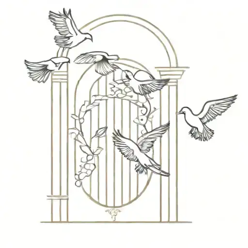renaissance gates doves flying black and white with leaf border tattoo design idea
