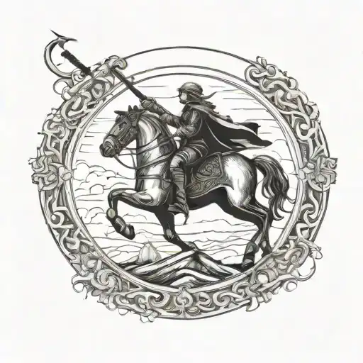renaissance kinght with no head on horseback at the peak of a hill riding his sword in the air as a circle with border tattoo design idea