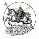 renaissance kinght with no head on horseback at the peak of a hill riding his sword in the air as a circle with border tattoo design idea