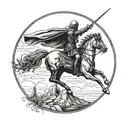 renaissance kinght with no head on horseback at the peak of a hill riding his sword in the air as a circle with border tattoo design idea