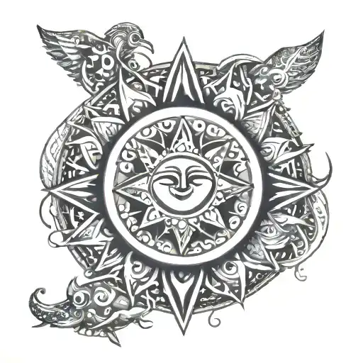 A stylized sun with symbols representing family, dogs, and Down syndrome tattoo design idea