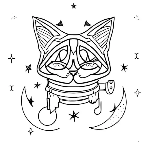 cat outline tattoo staring at Cresent moon tattoo design idea