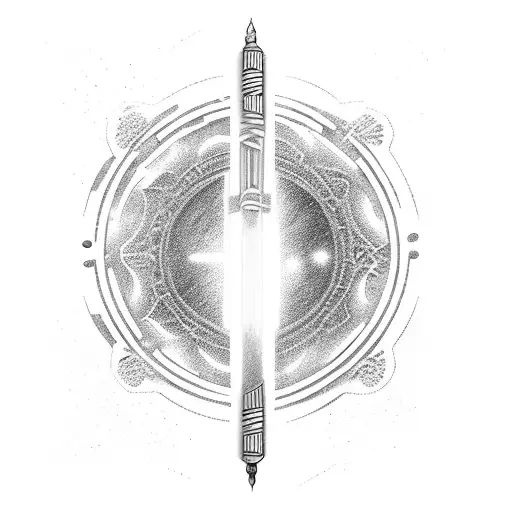 A lightsaber made of intricately carved wood, emitting a galaxy-themed beam tattoo design idea