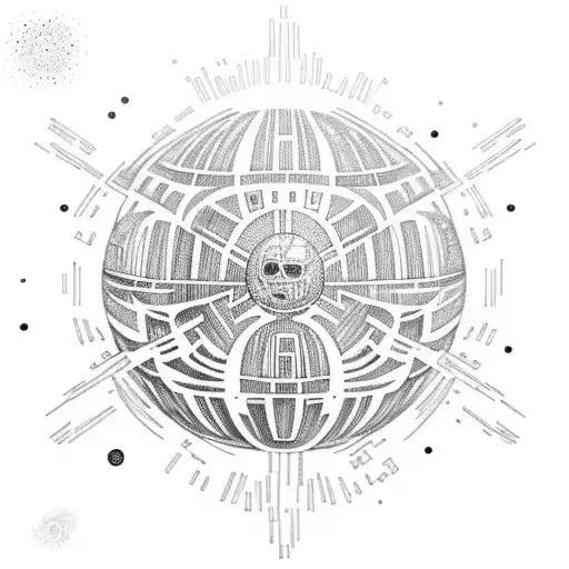 A wooden Death Star with intricate carvings, floating in a galaxy tattoo design idea