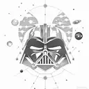 A minimalist silhouette of Darth Vader surrounded by a constellation of stars and planets tattoo design idea
