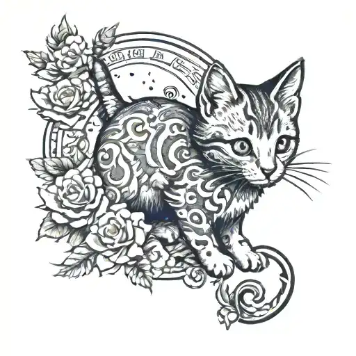 A black-grey tattoo of a kitten playing with a bell under a full moon with intricate floral details tattoo design idea