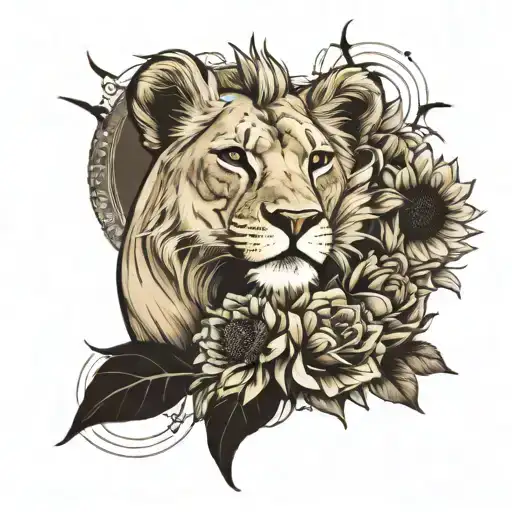 Lioness with cubs full arm, with dates in Roman numerals, sunflowers tattoo design idea