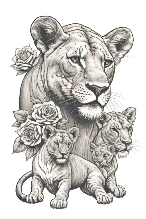 Lioness and cubs with roses and a tattoo design idea