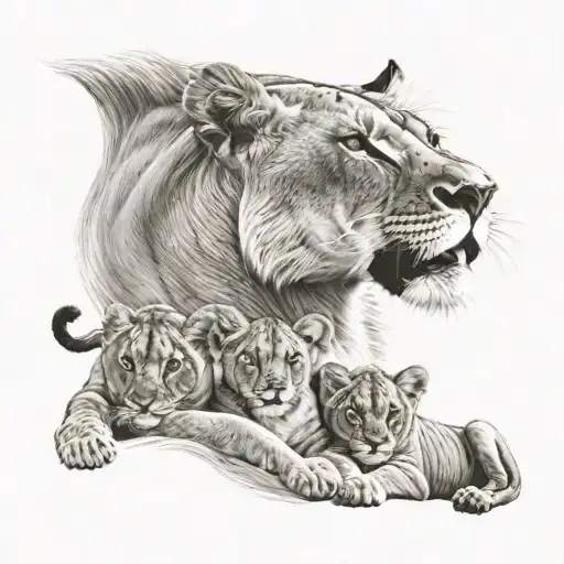 Lioness with 4 cubs tattoo design idea