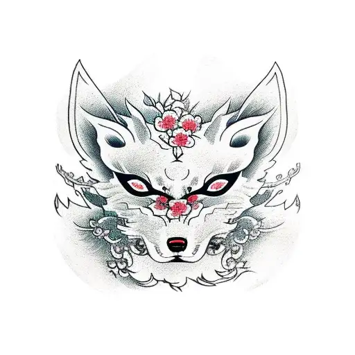 kitsune mask cherry blossoms tattoo design idea