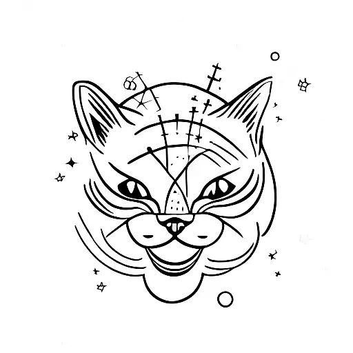 Cat silhouette under night sky with moon and stars tattoo design idea