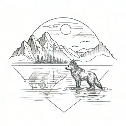 A serene landscape tattoo of a mountain reflecting in a calm lake with a wolf silhouette in the foreground tattoo design idea