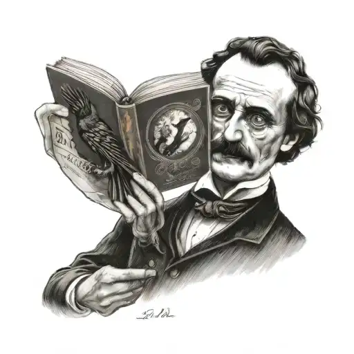 A detailed portrait of Edgar Allen Poe reading a book with a subtle reference to Argentina in the background tattoo design idea