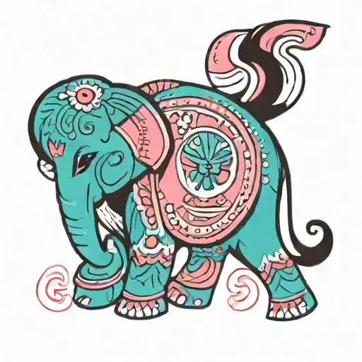 A turquoise elephant with pink accents and native american patterns tattoo design idea