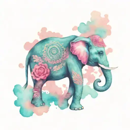 A turquoise elephant with pink accents and native american patterns tattoo design idea