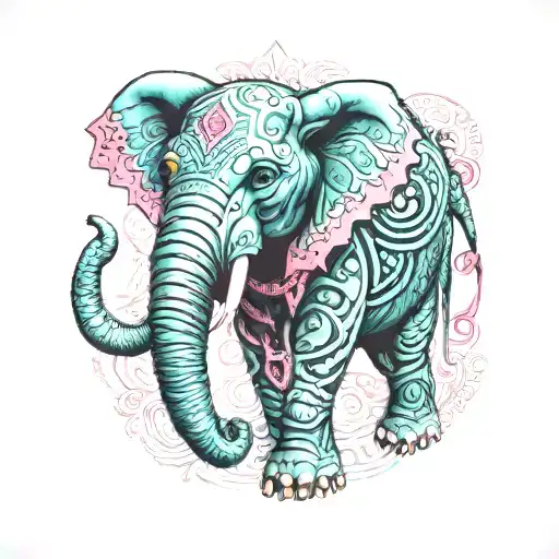 A turquoise elephant with pink accents and native american patterns tattoo design idea