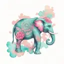 A turquoise elephant with pink accents and native american patterns tattoo design idea