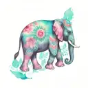 A turquoise elephant with pink accents and native american patterns tattoo design idea