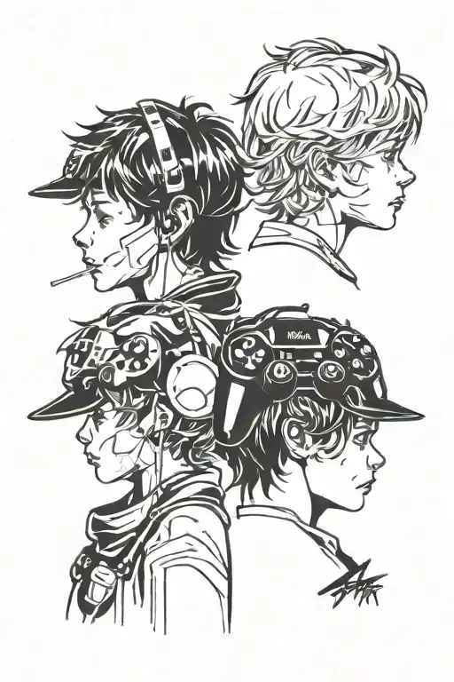 Great an image with the silhouette of two children’s profiles while incorporating video games from the mid 1990 to 2000. tattoo design idea