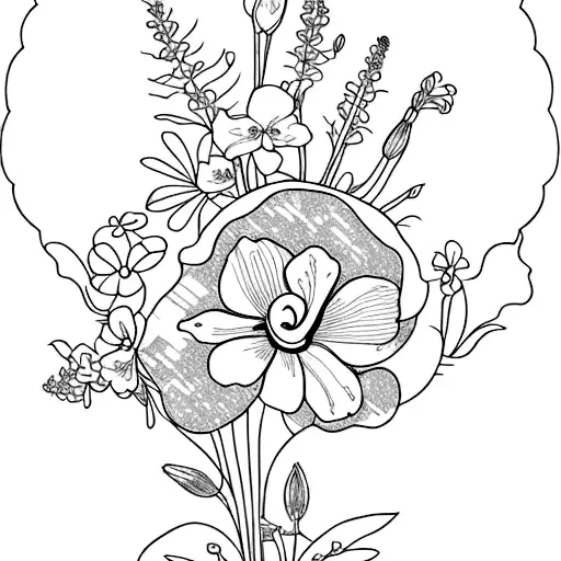 fine line flower bouquet with larkspur and violets with the phrase "Live in the present and successfully part with it" tattoo design idea