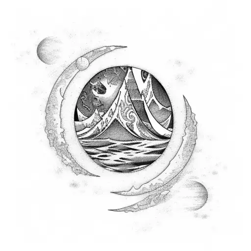 HxH world tree, ocean waves, chess, math, moon tattoo design idea