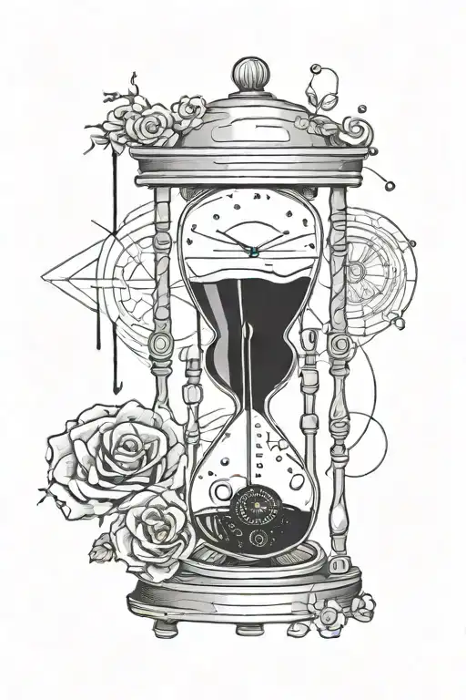 hourglass with dripping alarm clock inside it, and small lines and circles around the hourglass tattoo design idea