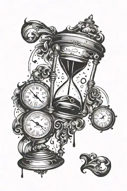 hourglass with dripping alarm clock, and abstract design all around the hourglass tattoo design idea