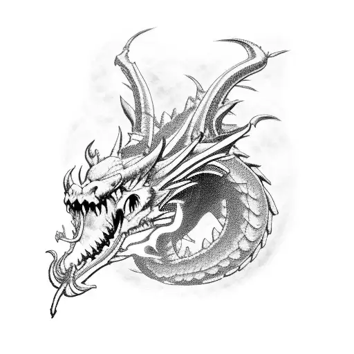 Dragon with skulls and smoke tattoo design idea