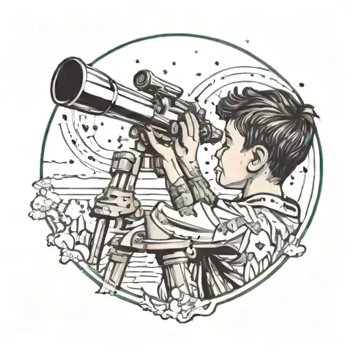 A boy looking through a telescope pointing into the expansive whimsical universe tattoo design idea