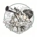 A boy looking through a telescope pointing into the expansive whimsical universe tattoo design idea