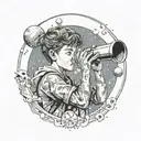 A boy looking through a telescope pointing into the expansive whimsical universe tattoo design idea
