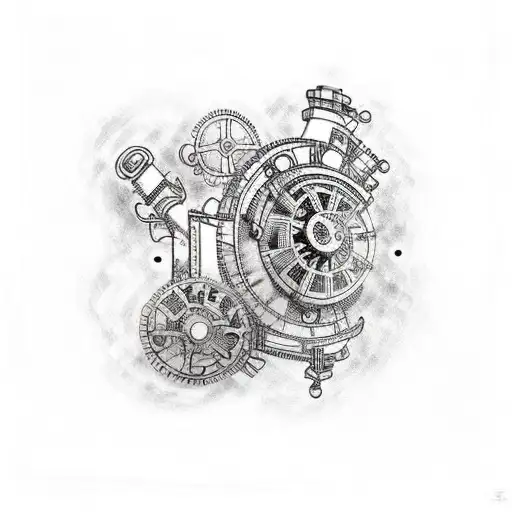 An intricate steampunk-inspired spaceship with gears and pipes tattoo design idea