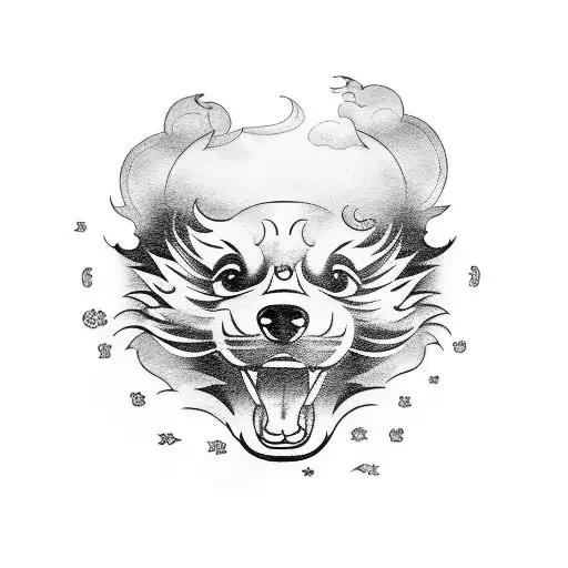 A Pagoda Chest Piece with two Foo Dogs and Clouds Surrounding tattoo design idea