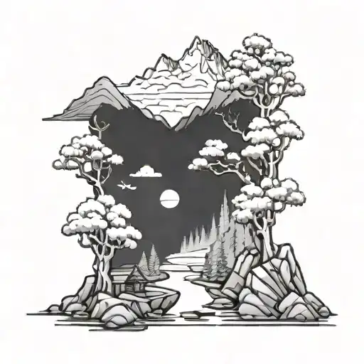 A serene mountain landscape with a hidden shrine dedicated to video game characters, blending nature and gaming elements seamlessly tattoo design idea