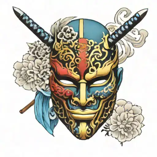 the mask in the middle to be a katana one side of the mask to be black with blue details the other side to be black with tattoo design idea