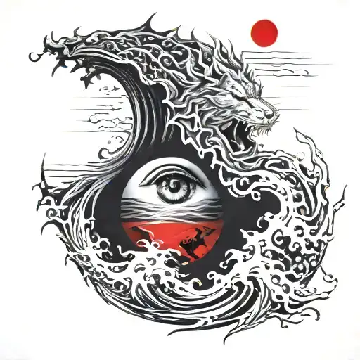 realistic tattoo sea wave, red moon, lion, dragon, all-seeing eye tattoo design idea