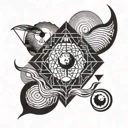 geometric realistic tattoo. Containing the following items: wave, red moon, lion, dragon, photo, all-seeing eye tattoo design idea