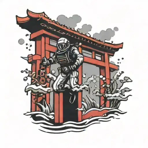 Scuba diver swimming through a red torii gate tattoo design idea