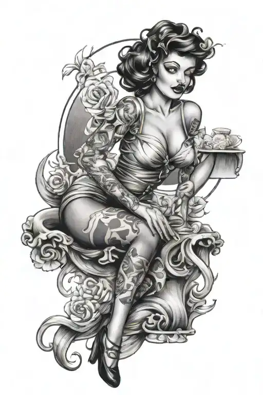 dark romance pin up girl tattoo design idea