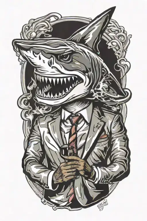 shark in a miami vice suit smoking a cigar   tattoo design idea