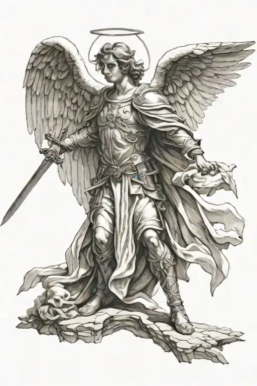 guardian angel holding one sword with both hands, sword is pointed at the ground  tattoo design idea