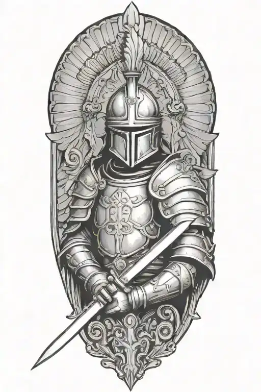 guardian angel wearing a roman soldier helmet, holding a sword with both hands tattoo design idea