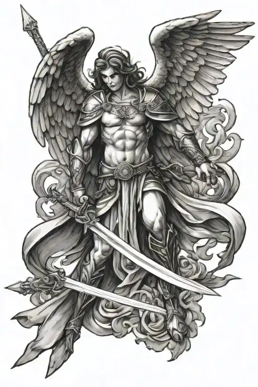 guardian angel, holding a sword pointed downwards tattoo design idea