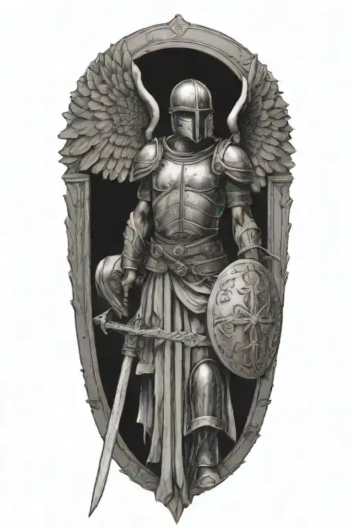 guardian angel wearing a roman soldier helmet, piercing the ground with a sword tattoo design idea