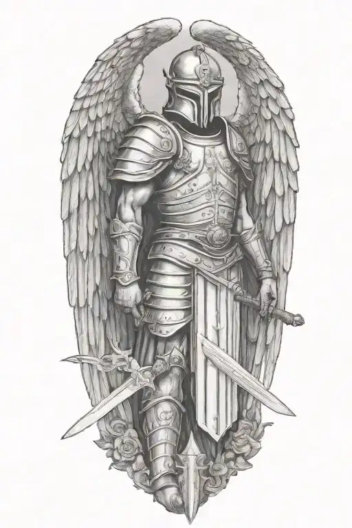 guardian angel wearing a roman soldier helmet, holding a sword with both hands tattoo design idea