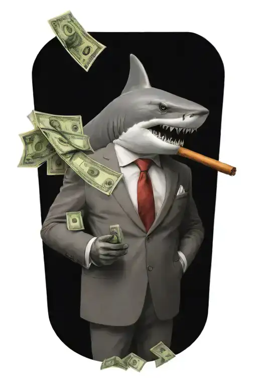 standing shark in a suit, smoking a cigar, standing over a pile of money tattoo design idea