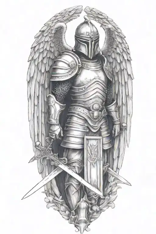 guardian angel wearing a roman soldier helmet, piercing the ground with a sword tattoo design idea