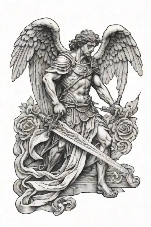 roman angel holding one sword pointed at the ground with both hands tattoo design idea